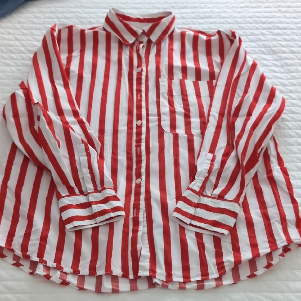 a new day Red & White Vertical Stripe Button-Down Blouse